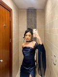 Modest A line Strapless Navy Blue Chiffon Formal Prom Gown Summer Wedding Guest Dress Bridal Guest Dresses Wedding Outfits For Guest HZ1121