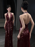 Modest Mermaid V Neck Burgundy Sequins Formal Gown 20th Birthday Dress Prom Dresses Backless 18th Birthday Outfits HZ1121