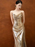 Classy Mermaid Sweetheart Sequin Gold Long Prom Dresses Formal Gown Summer Wedding Guest Dress Wedding Outfits For Guest HZ1121