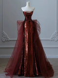 Modest Mermaid Strapless Burgundy Sequins Formal Gown 20th Birthday Dress Prom Dresses 18th Birthday Outfits HZ1121