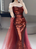 Modest Mermaid Strapless Burgundy Sequins Formal Gown 20th Birthday Dress Prom Dresses 18th Birthday Outfits HZ1121
