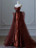 Modest Mermaid Strapless Burgundy Sequins Formal Gown 20th Birthday Dress Prom Dresses 18th Birthday Outfits HZ1121