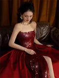 Classy Mermaid Strapless Burgundy Sequin Slit Long Prom Gown Summer Wedding Guest Dress Bridal Guest Dresses Wedding Outfits For Guest HZ1121