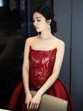 Classy Mermaid Strapless Burgundy Sequin Slit Long Prom Gown Summer Wedding Guest Dress Bridal Guest Dresses Wedding Outfits For Guest HZ1121