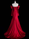 Classy Sheath Off The Shoulder Red Satin Long Prom Dresses Formal Gown Summer Wedding Guest Dresses Wedding Guest Outfit HZ1121