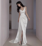 Dreamy Wedding Dress Sheath Spaghetti Straps White Satin Slit Summer Long Wedding Dresses Bridal Gowns HZ1121