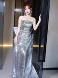 Classy Mermaid Strapless Silver Sequin Long Prom Gown Summer Wedding Guest Dress Bridal Guest Dresses Wedding Outfits For Guest HZ1121