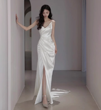 Dreamy Wedding Dress Sheath Spaghetti Straps White Satin Slit Summer Long Wedding Dresses Bridal Gowns HZ1121