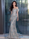 Classy Sheath Off The Shoulder Sequin Long Prom Dresses Formal Gown Summer Wedding Guest Dresses Wedding Guest Outfit HZ1121