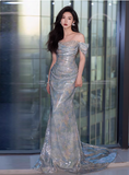 Classy Sheath Off The Shoulder Sequin Long Prom Dresses Formal Gown Summer Wedding Guest Dresses Wedding Guest Outfit HZ1121