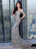 Classy Sheath Off The Shoulder Sequin Long Prom Dresses Formal Gown Summer Wedding Guest Dresses Wedding Guest Outfit HZ1121