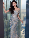 Classy Sheath Off The Shoulder Sequin Long Prom Dresses Formal Gown Summer Wedding Guest Dresses Wedding Guest Outfit HZ1121