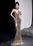 Classy Mermaid Gold Sequin Long Prom Dresses Formal Gown Summer Wedding Guest Dresses Wedding Guest Outfit HZ1121