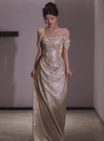 Classy Mermaid Off The Shoulder Champagne Sequin Long Prom Dresses Formal Gown Summer Wedding Guest Dresses Wedding Guest Outfit HZ1121