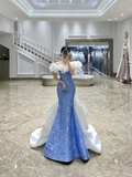 Classy Sheath Off The Shoulder Blue Satin Long Formal Evening Gown Summer Wedding Guest Dress Bridal Guest Dresses Wedding Outfits For Guest HZ1121