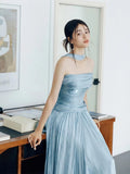 Classy A line Strapless Blue Satin Long Prom Gown Summer Wedding Guest Dress Bridal Guest Dresses Wedding Outfits For Guest HZ1121