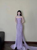 Classy Sheath Strapless Lilac Long Prom Gown Summer Wedding Guest Dress Bridal Guest Dresses Wedding Outfits For Guest With Scarf HZ1121