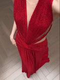 Classy A Line V Neck Red Long Prom Gown Summer Wedding Guest Dress Bridal Guest Dresses Wedding Outfits For Guest HZ1121