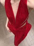 Classy A Line V Neck Red Long Prom Gown Summer Wedding Guest Dress Bridal Guest Dresses Wedding Outfits For Guest HZ1121