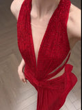 Classy A Line V Neck Red Long Prom Gown Summer Wedding Guest Dress Bridal Guest Dresses Wedding Outfits For Guest HZ1121