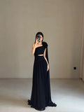 Classy A line One Shoulder Black Chiffon Long Prom Gown Summer Wedding Guest Dress Bridal Guest Dresses Wedding Outfits For Guest HZ1121