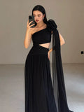 Classy A line One Shoulder Black Chiffon Long Prom Gown Summer Wedding Guest Dress Bridal Guest Dresses Wedding Outfits For Guest HZ1121