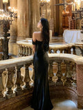 Classy Mermaid Off The Shoulder Black Satin Long Prom Dresses Party Dress Birthday Outfits Graduation Dresses HZ1121