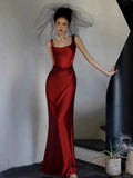 Classy Mermaid Square Red Long Prom Gown Summer Wedding Guest Dress Bridal Guest Dresses Wedding Outfits For Guest HZ1121