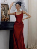 Classy Mermaid Square Red Long Prom Gown Summer Wedding Guest Dress Bridal Guest Dresses Wedding Outfits For Guest HZ1121