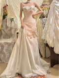 Retro Wedding Dress Mermaid Strapless Chiffon White Flowers Long Wedding Dresses Summer Brides Dress Bridal Gowns HZ1121