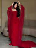Classy Mermaid Strapless Red Long Prom Gown Summer Wedding Guest Dress Bridal Guest Dresses Wedding Outfits For Guest With Scarf HZ1121