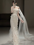 Simple Wedding Dress Mermaid Strapless White Tulle Floral Summer Beach Long Wedding Dresses Bridal Gowns HZ1121