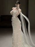 Simple Wedding Dress Mermaid Strapless White Tulle Floral Summer Beach Long Wedding Dresses Bridal Gowns HZ1121