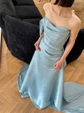 Sexy Mermaid Strapless Light Sky Blue Satin Prom Dresses Party Dress Summer 20th Birthday Outfits Birthday Dresses HZ1121