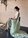 Modest A line Strapless Mint Green Long Prom Gown Summer Wedding Guest Dress With Scarf Bridal Guest Dresses Wedding Outfits For Guest HZ1121