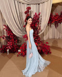 Elegant A line Strapless Light Sky Blue Chiffon Long Prom Dresses Party Dress Summer 20th Birthday Outfits Birthday Dresses HZ1121