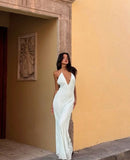 Elegant Sheath Halter White Long Prom Dresses Party Dress Summer 20th Birthday Outfits 18th Birthday Dresses HZ1121