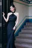 Elegant Sheath Halter Black Satin Long Prom Dresses Party Dress Summer 20th Birthday Outfits 18th Birthday Dresses HZ1121