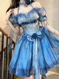 Vintage High Low Off The Shoulder Short Sleeves 16th Blue Birthday Dress Lolita Summer Dress Birthday Outfits HZ1121