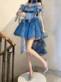 Vintage High Low Off The Shoulder Short Sleeves 16th Blue Birthday Dress Lolita Summer Dress Birthday Outfits HZ1121