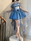 Vintage High Low Off The Shoulder Short Sleeves 16th Blue Birthday Dress Lolita Summer Dress Birthday Outfits HZ1121