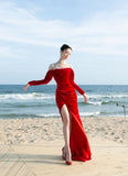 Elegant Mermaid Off The Shoulder Red Slit Long Prom Dresses Party Dress Summer 20th Birthday Outfits 18th Birthday Dresses HZ1121