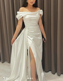 Classy Sheath Off The Shoulder White Slit Formal Long Prom Gown Summer Wedding Guest Dress Bridal Guest Dresses Wedding Outfits For Guest HZ1121