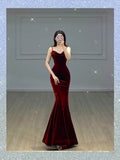 Fancy Mermaid Spaghetti Straps Velvet Burgundy Formal Prom Gown Summer Wedding Guest Dress Bridal Guest Dresses Wedding Outfits For Guest HZ1121