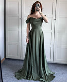 Classy A line Off The Shoulder Olive Green Slit Formal Long Prom Gown Summer Wedding Guest Dress Bridal Guest Dresses Wedding Outfits For Guest HZ1121