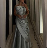Classy Mermaid Strapless Silver Satin Formal Long Prom Gown Summer Wedding Guest Dress Bridal Guest Dresses Wedding Outfits For Guest HZ1121