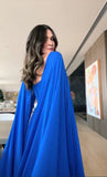 Classy A Line Sweetheart Royal Blue Long Sleeves Chiffon Formal Long Prom Gown Summer Wedding Guest Dress Bridal Guest Dresses Wedding Outfits For Guest HZ1121