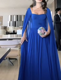 Classy A Line Sweetheart Royal Blue Long Sleeves Chiffon Formal Long Prom Gown Summer Wedding Guest Dress Bridal Guest Dresses Wedding Outfits For Guest HZ1121