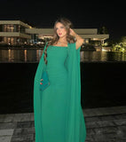 Classy A Line Strapless Green Long Sleeves Chiffon Formal Long Prom Gown Summer Wedding Guest Dress Bridal Guest Dresses Wedding Outfits For Guest HZ1121