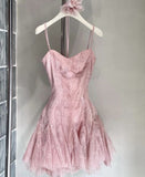 Pretty A line Spaghetti Straps Tulle Lace Pink Formal 8th Grade Homecoming Dress Summer Middle School Hoco Dresses HZ1121